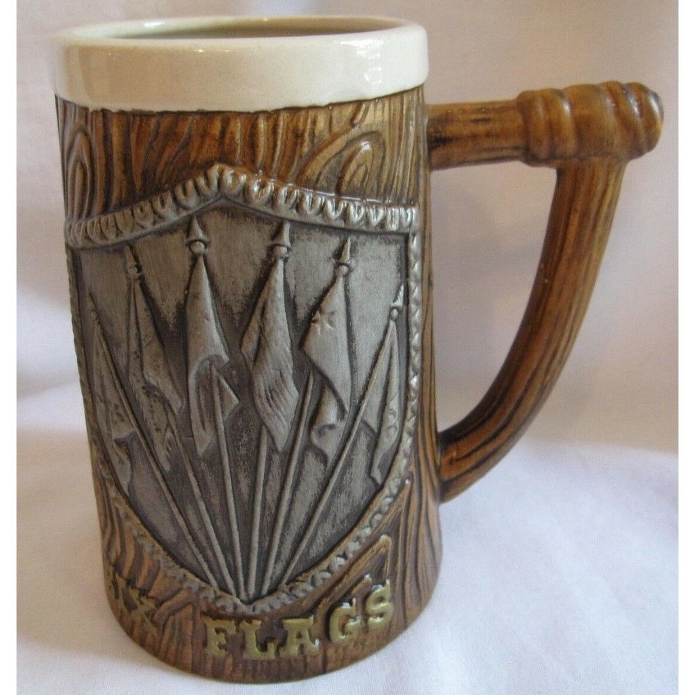 Vintage Six‎ Flags Faux Wood Ceramic Souvenir Stein Mug Cup Japan 5.75"